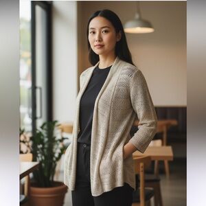 Eileen‎ Fisher Petite S Open Pointelle Knit Cardigan Sweater Beige Linen Blend